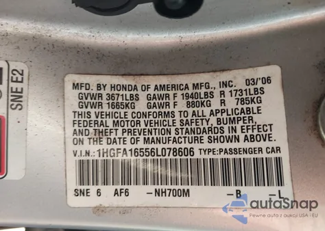 2006 Honda Civic Lx from USA, damaged, VIN 1HGFA16556L078606